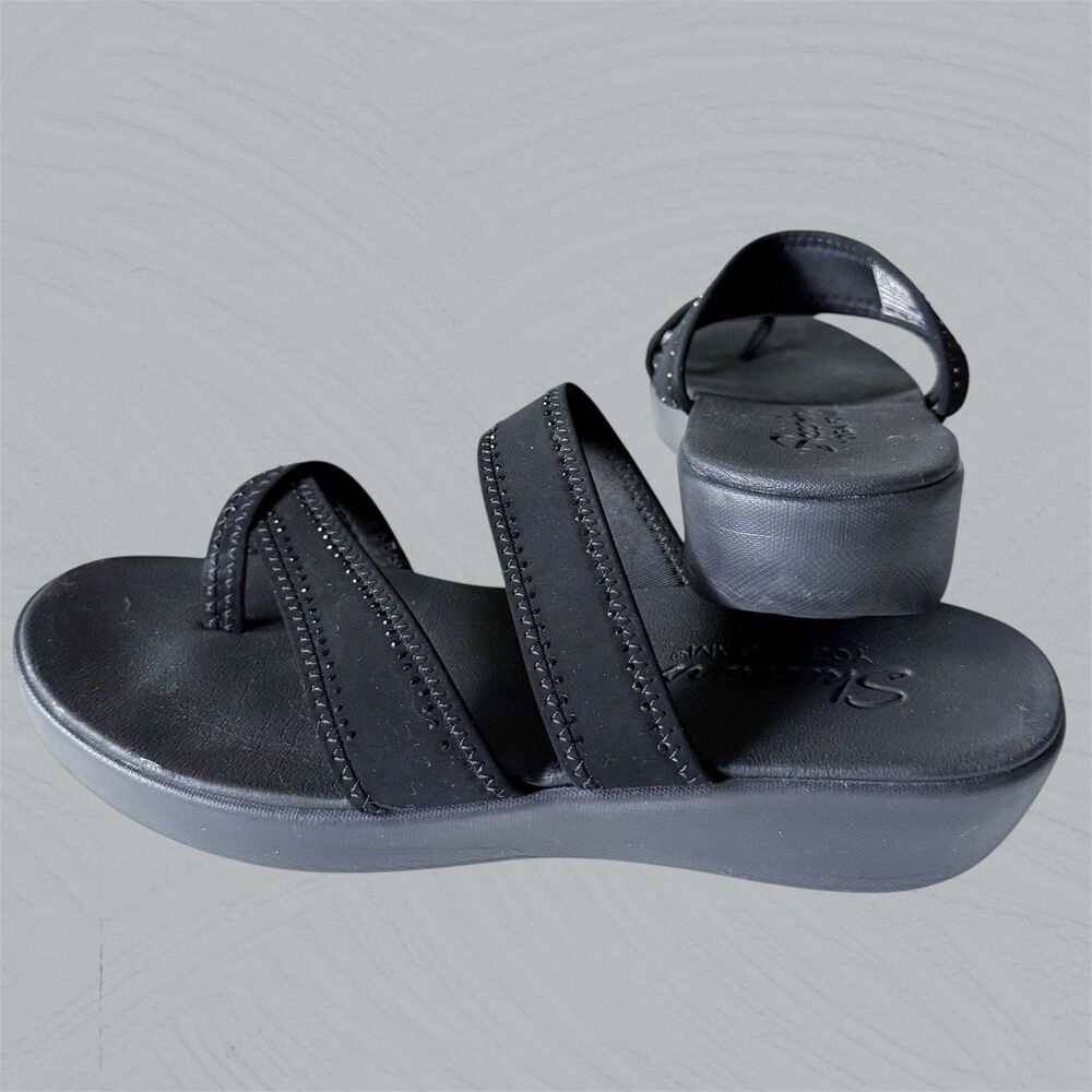 Skechers Sandals Womens Size 8 Black Cali Yoga Foam Rhinestone Thong Wedge
